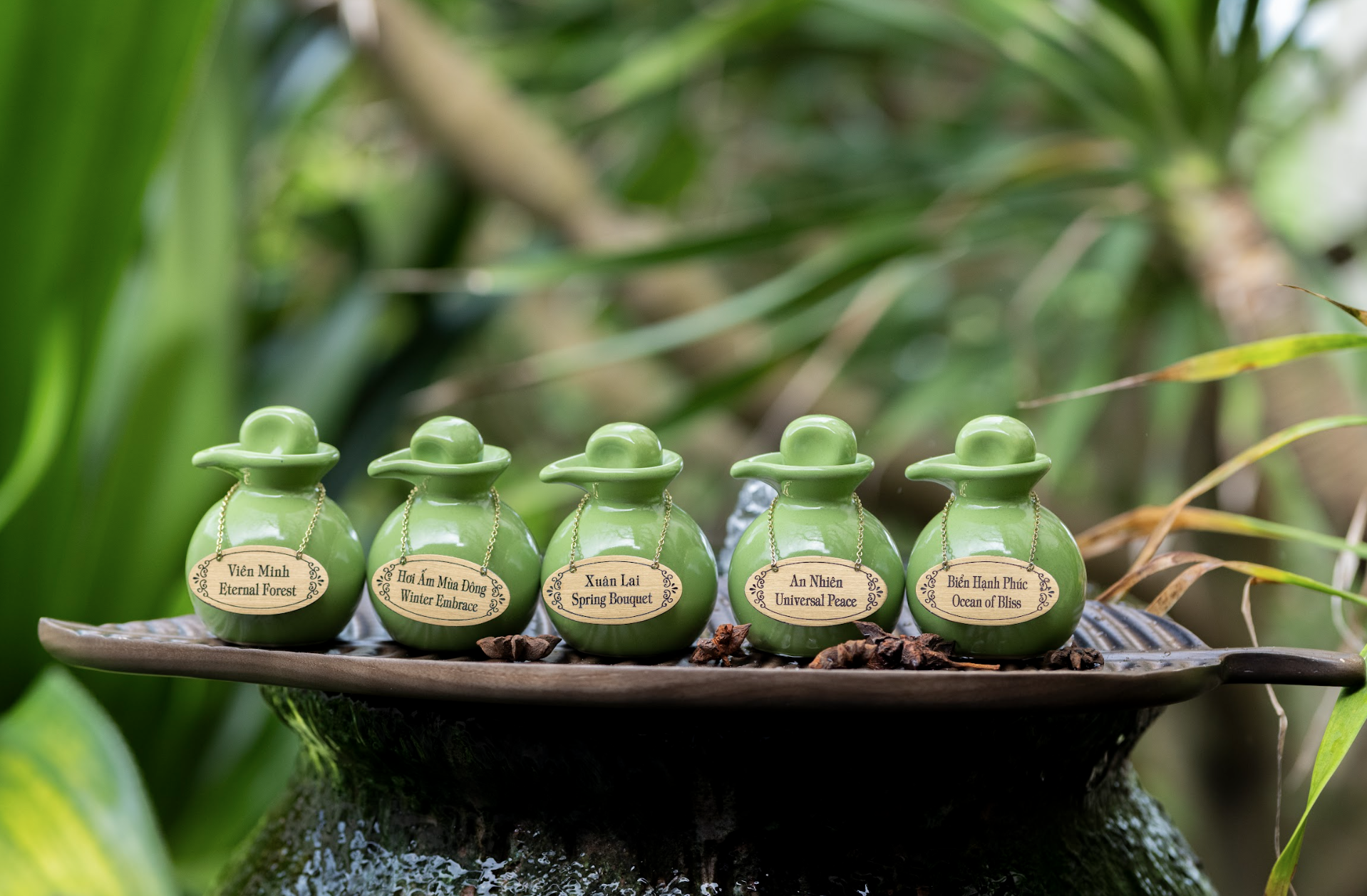 Five small jade-green ceramic massage oil pots from V-Senses Wellness & Spa lined up on a leaf-shaped platter, each decorated with a small wooden tag displaying their names: Eternal Forest, Winter Embrace, Spring Bouquet, Universal Peace, and Ocean of Bliss.